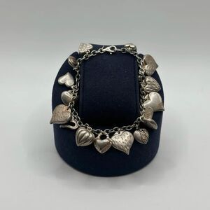 Vintage .925 Sterling Silver Puffy Heart Charm Bracelet Fully Loaded 7.75"